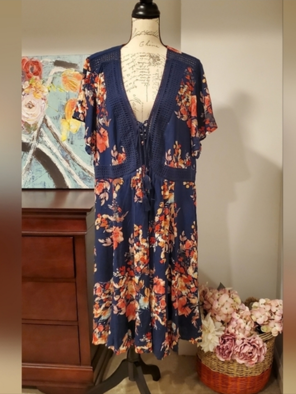 Torrid Women Navy Blue Floral Short Sleeve V Neck, Hidden Pockets, Size 3 - Picture 7 of 7